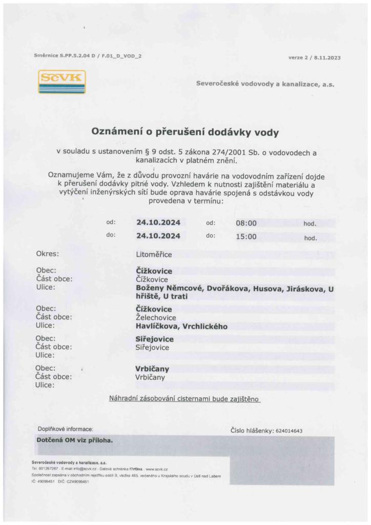 Oznámení o přerušení dodávky vody - 24.10.2024