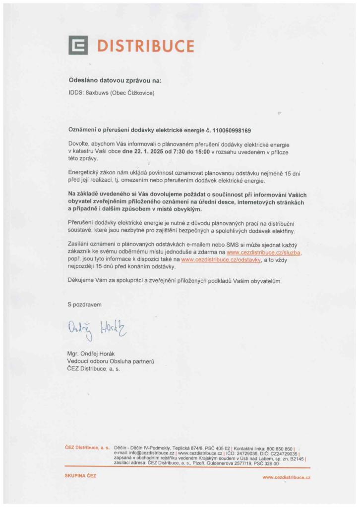 odstávka el. energie - 22.1.2025