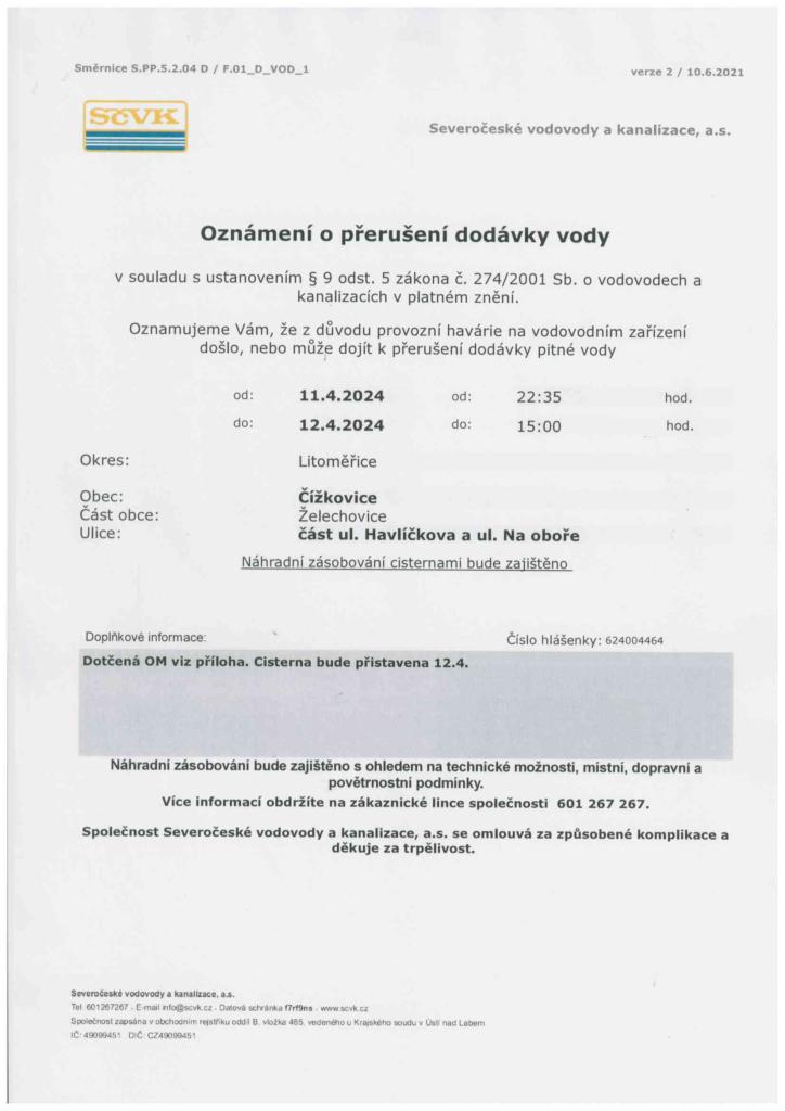 Oznámení o přerušení dodávky vody - 12.4.2024 Želechovice