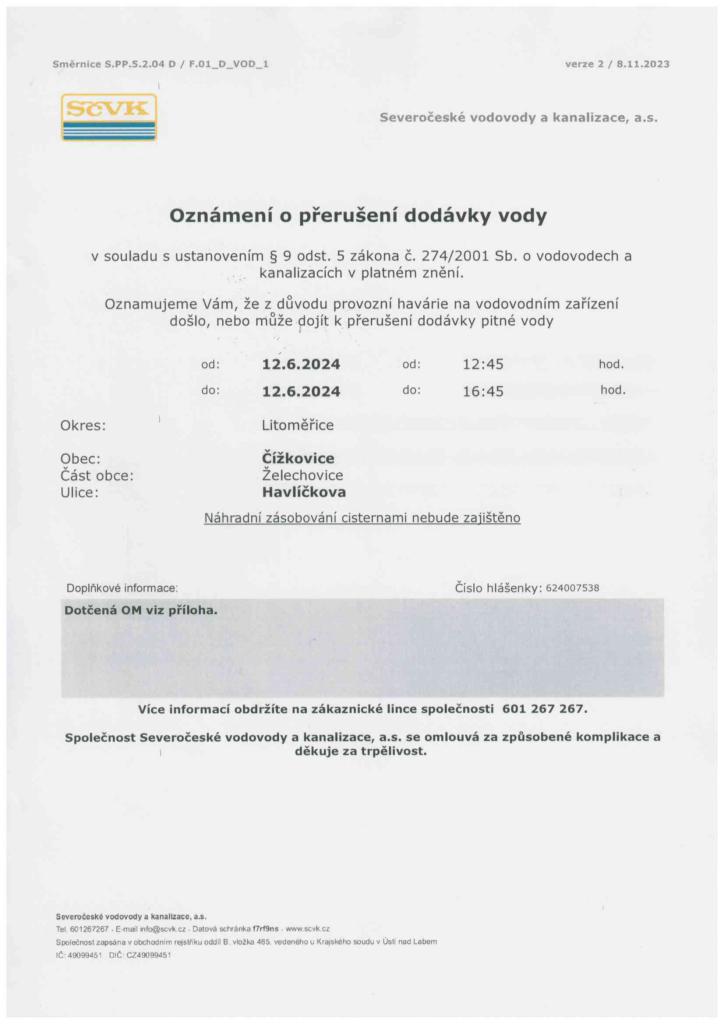 Oznámení o přerušení dodávky vody - 12.6.2024 Želechovice