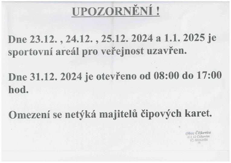 Upozornění - uzavření hala 12/2024