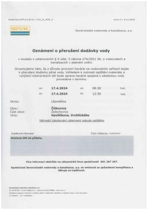 Odstávka pitné vody - 17.4.2024